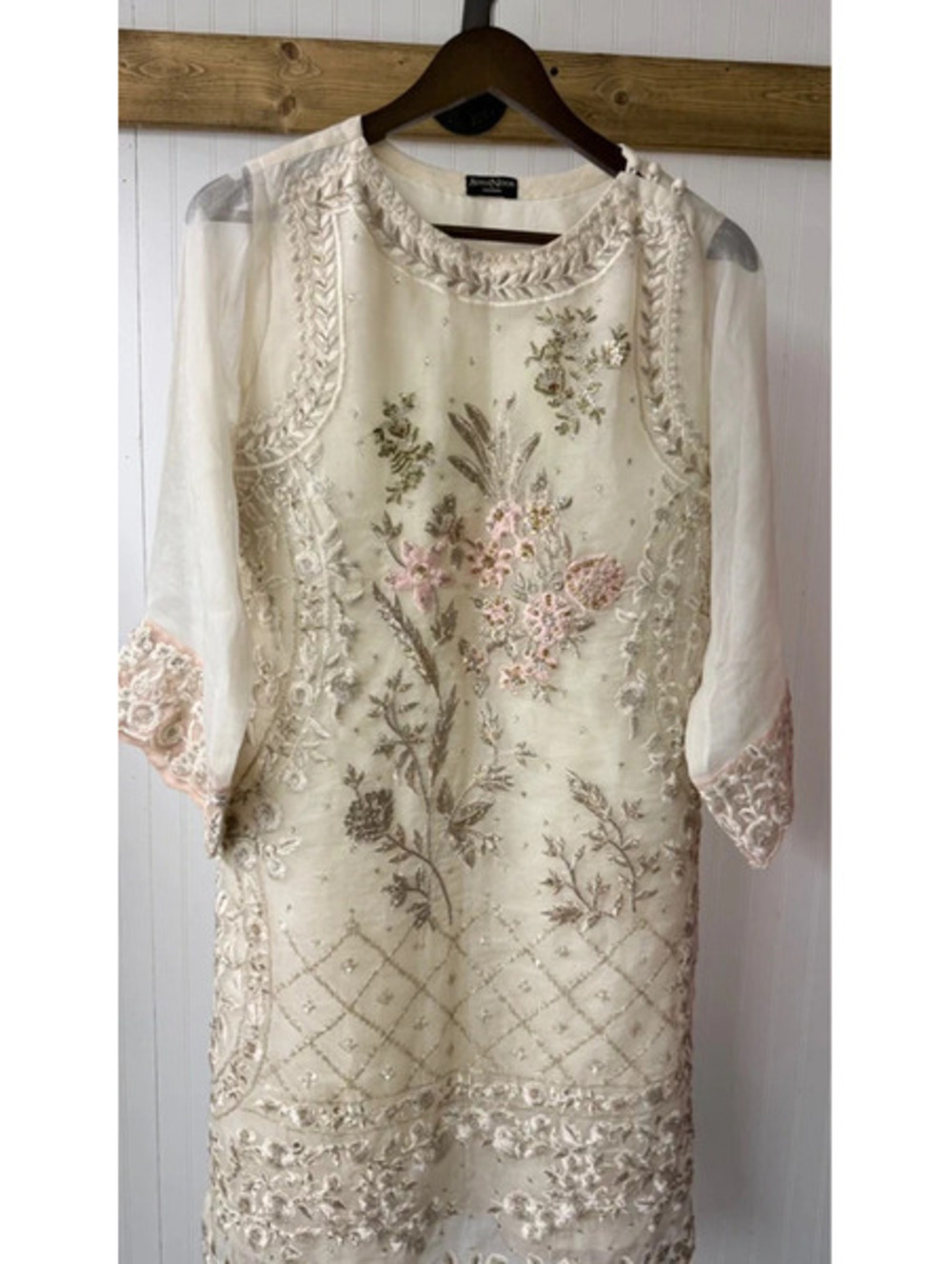 Agha Noor Ivory Organza Tunic Kameez pakistani medium floral pink embroidered